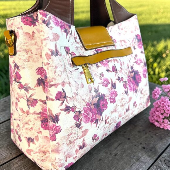 Sharif Legacy Vintage Signature Leather Floral Satchel Everyday Tote Bag - Picture 7 of 16